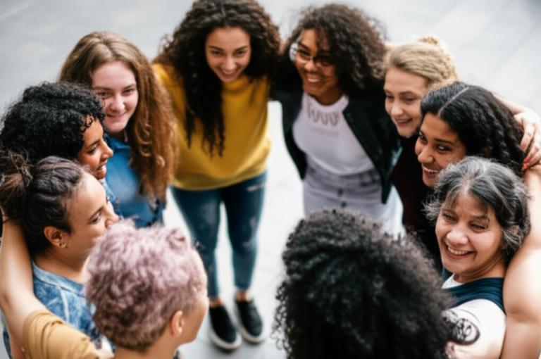 União Feminista Interseccional Mulheres diversas de diferentes etnias e origens unidas em círculo