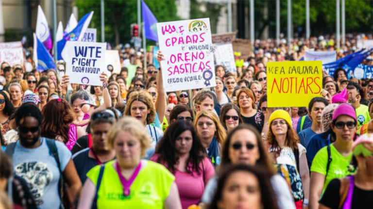 Manifestação Feminista Grupo de mulheres protestando em uma manifestação feminista.