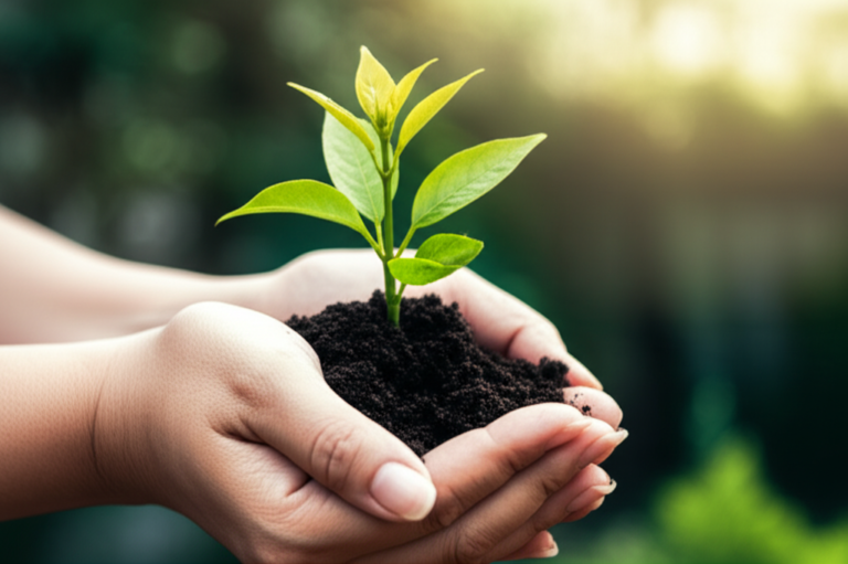 Cuidado e Desenvolvimento Mãos cuidando de uma planta jovem, representando o cuidado e o crescimento.