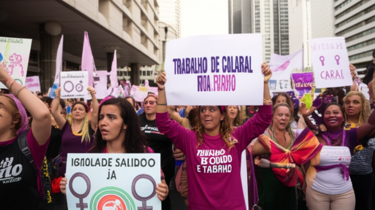 Protesto por Igualdade Mulheres protestando com cartazes sobre igualdade de gênero e valorização do trabalho.