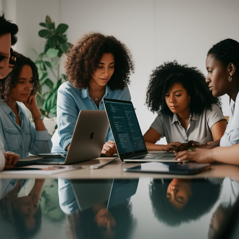 Colaboração e Inclusão na Tecnologia Mulheres colaborando em um projeto de programação em um ambiente diverso e inclusivo.