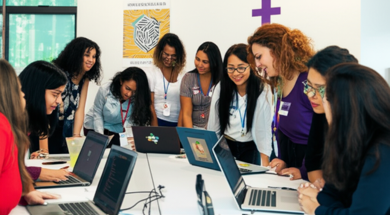Workshop de Programação Feminista Mulheres participando de um workshop de programação ministrado por feministas hackers.