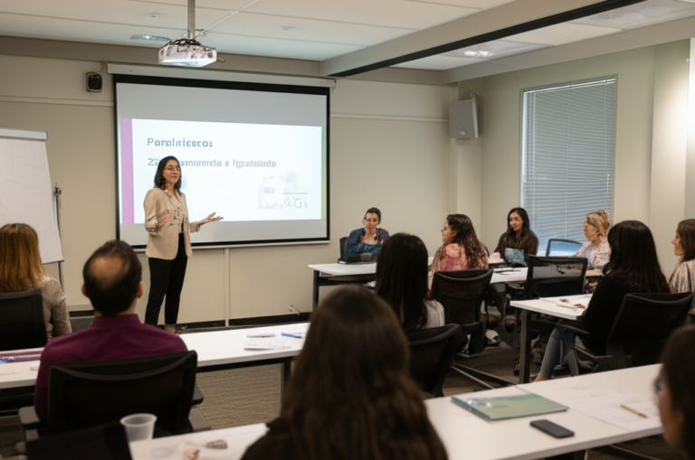 Palestra sobre Feminismo Mulher ministrando palestra sobre feminismo para um grupo de pessoas.