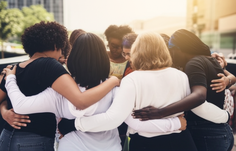 Grupo diversificado de mulheres sorrindo e se abraçando.