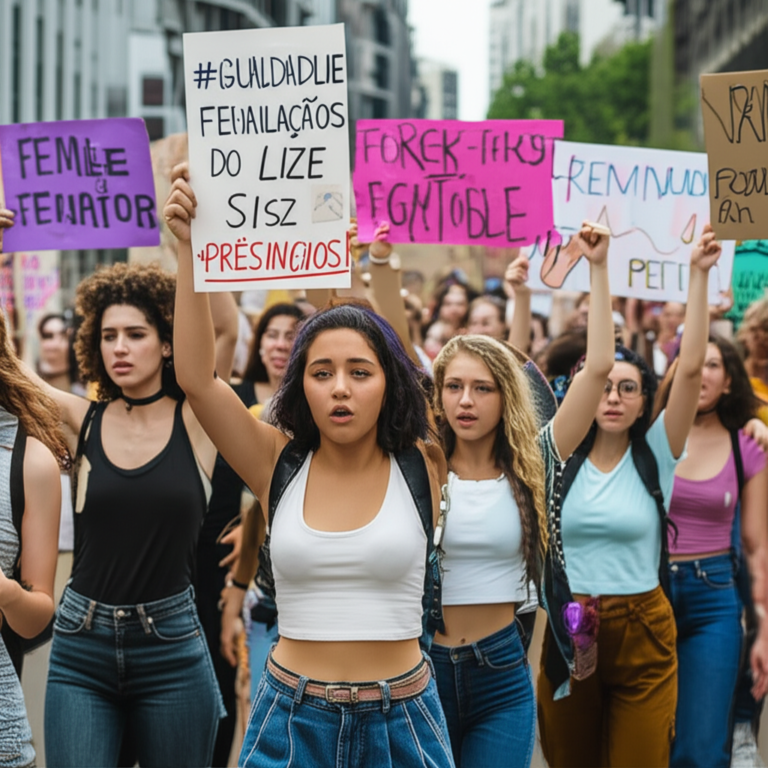 Ativismo Feminista no Mundo Real Grupo de jovens participando de protesto feminista