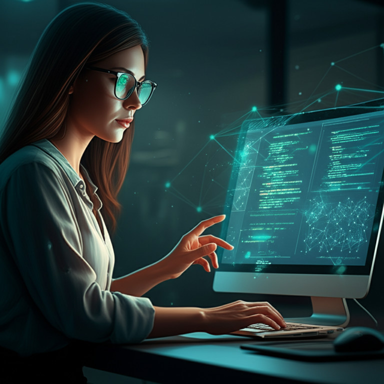 Mulher programando em um computador com interface de IA