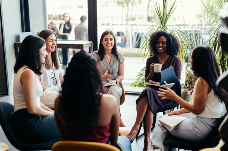 Mulheres reunidas em um círculo, conversando e sorrindo.