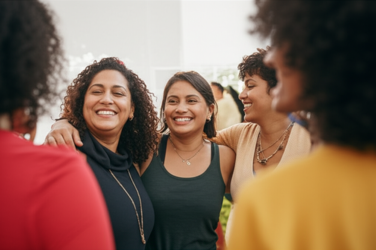 Mulher sorrindo enquanto participa de um evento feminista.
