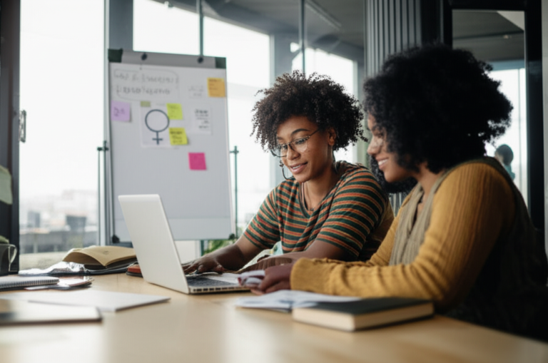 Mulheres utilizando um laptop em um espaço de coworking.