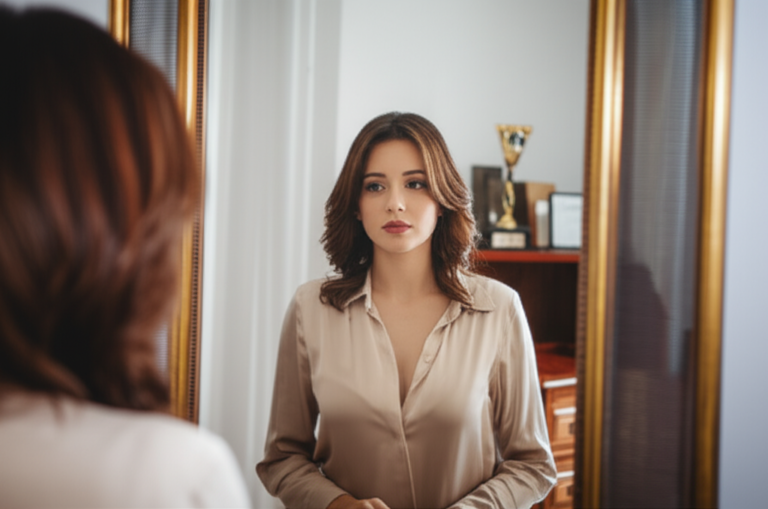 Raízes da Síndrome da Impostora Mulher reflexiva olhando para um espelho com imagens de conquistas