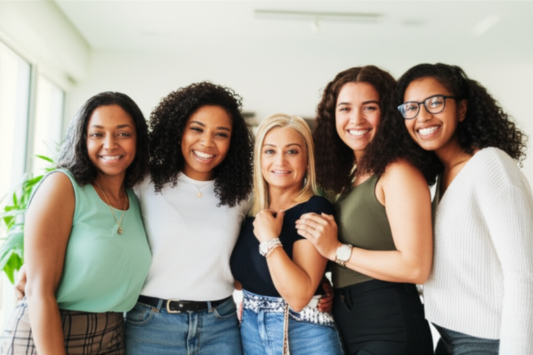 Redes de Apoio Femininas Grupo diverso de mulheres se apoiando e sorrindo