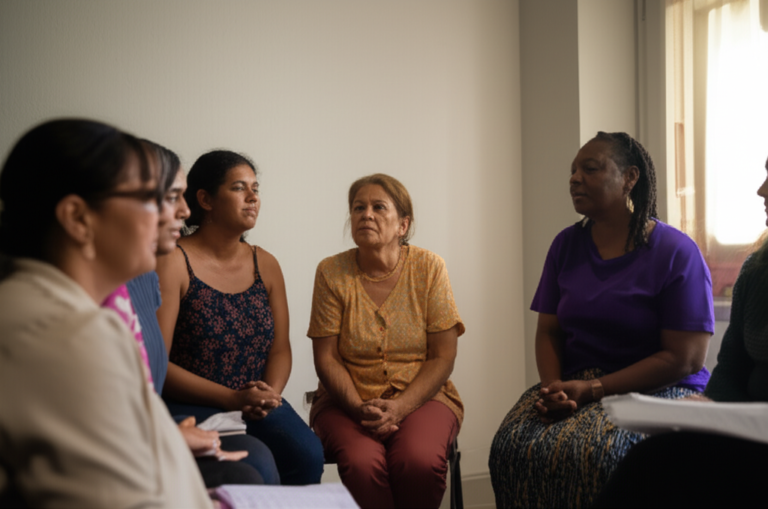 Roda de Conversa Feminista Grupo de mulheres reunidas em roda de conversa, sorrindo e engajadas.