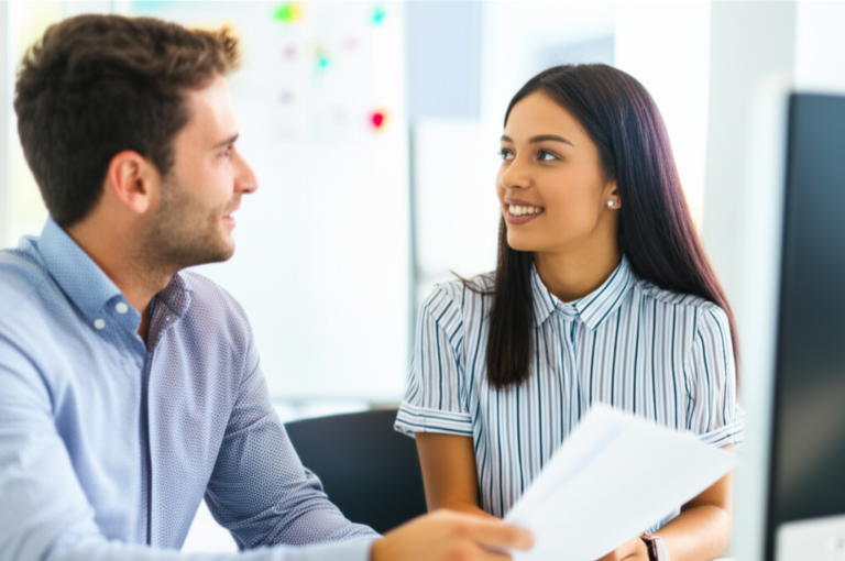 Diálogo Construtivo Homem e mulher discutindo em um ambiente profissional colaborativo.