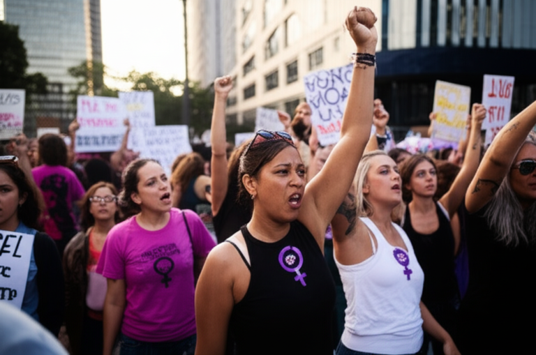 Mulheres unidas em protesto, defendendo a igualdade de gênero.
