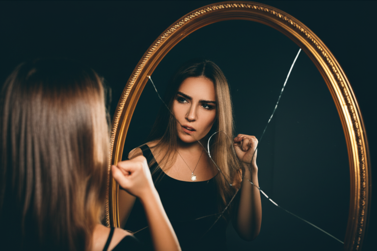 Quebrando Padrões Patriarcais Mulher quebrando espelho com reflexo distorcido