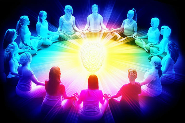 Práticas Quânticas Feministas Mulher meditando em grupo com luzes coloridas ao redor