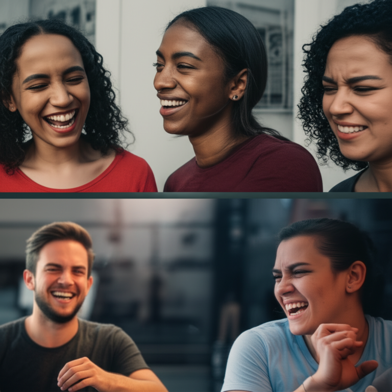 Pessoas com expressões faciais diversas interagindo.