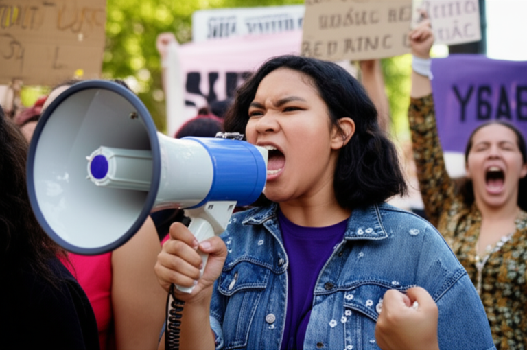 A Raiva como Voz: Protesto Feminista Mulher expressando raiva com megafone durante protesto feminista
