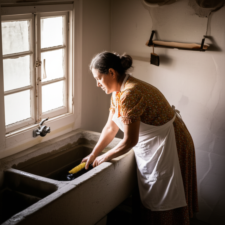 Mulher lavando roupa em tanque antigo, representando a divisão de trabalho por gênero.