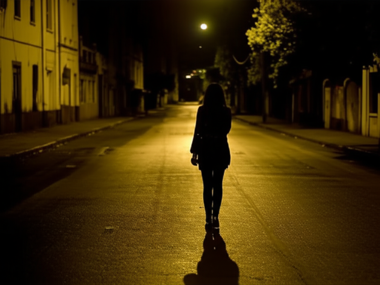 Mulher caminhando em rua mal iluminada à noite, representando a insegurança no espaço urbano.