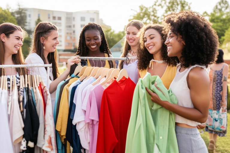 Mulheres em feira de troca de roupas, sorrindo.