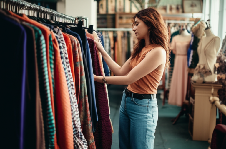 Mulher escolhendo roupas em um brechó vintage.