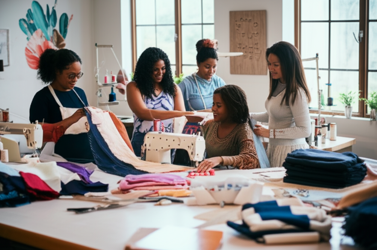 Mulheres costurando juntas em um ateliê de costura sustentável.