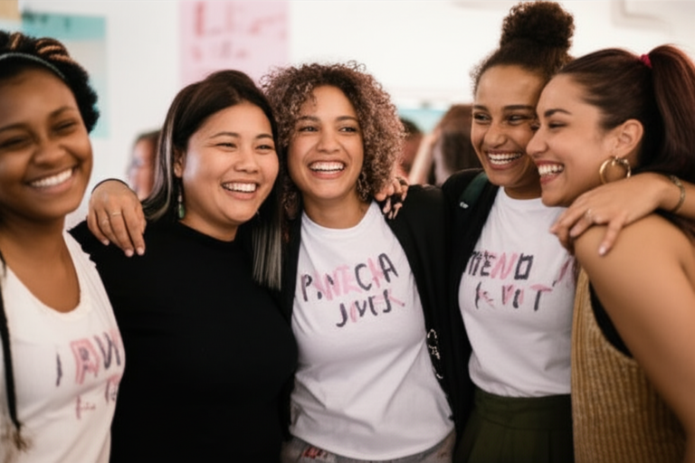 Grupo de mulheres sorrindo em um evento feminista.