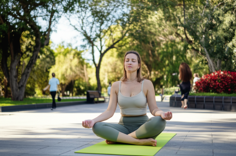 Mulher meditando em um parque na cidade.