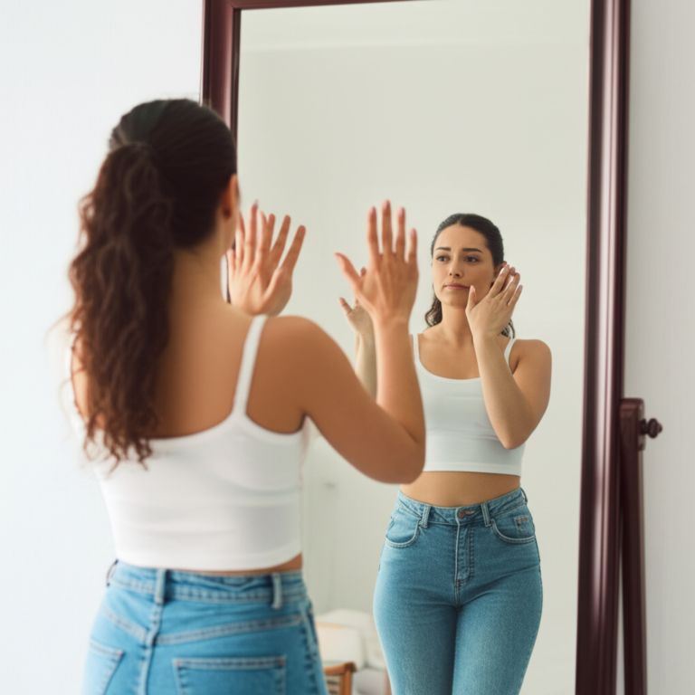 Pratique Dizer Não Mulher praticando dizer não em frente ao espelho