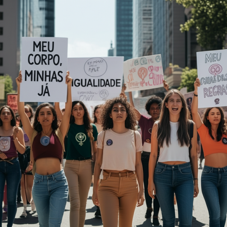 Feminismo: Empoderamento e Sororidade Mulheres unidas em um protesto feminista