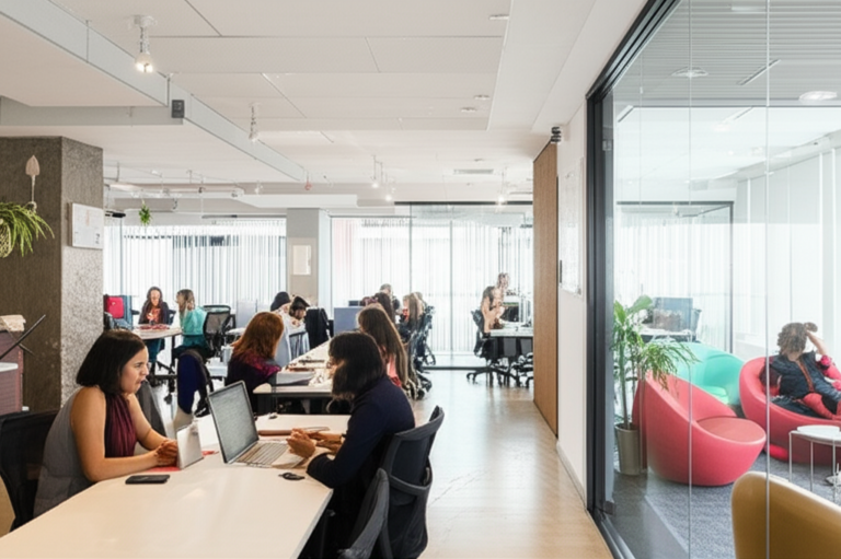 Espaço de coworking com design flexível e colaborativo, promovendo a interação e a criatividade