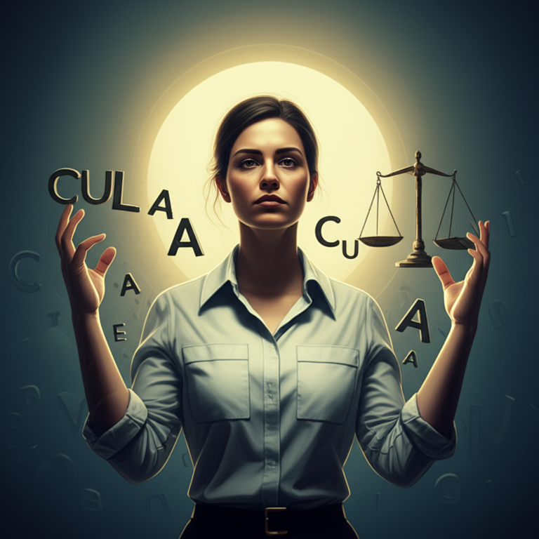 Mulher com expressão determinada, lutando contra a culpabilização.