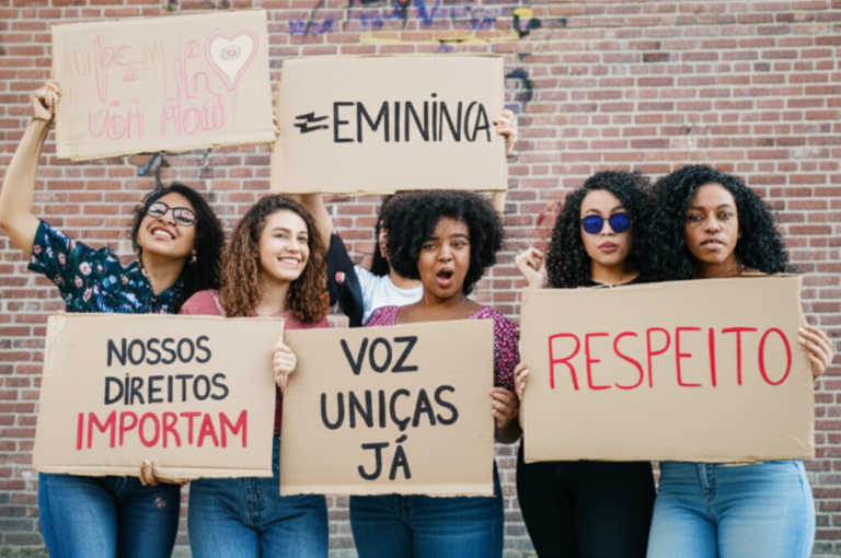 Protesto Feminista: Unidade e Luta por Direitos Grupo de mulheres segurando cartazes em protesto