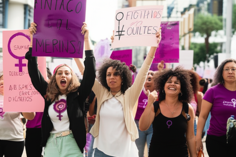 A Força da Ação Coletiva Feminista Mulheres em uma manifestação, simbolizando união e força coletiva