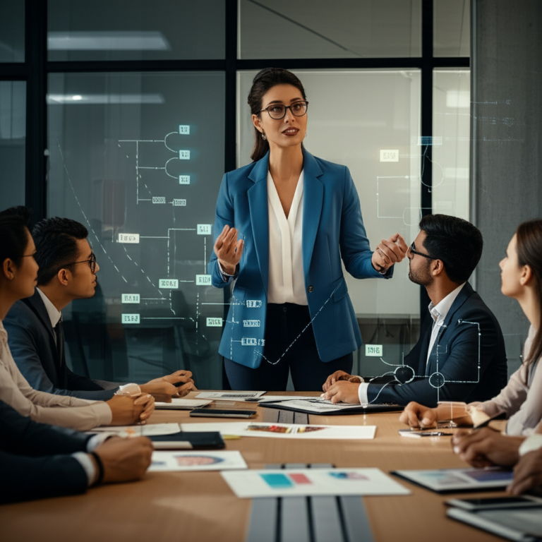 Mulheres Líderes Transformando o Mundo Mulher em uma reunião, representando liderança e influência