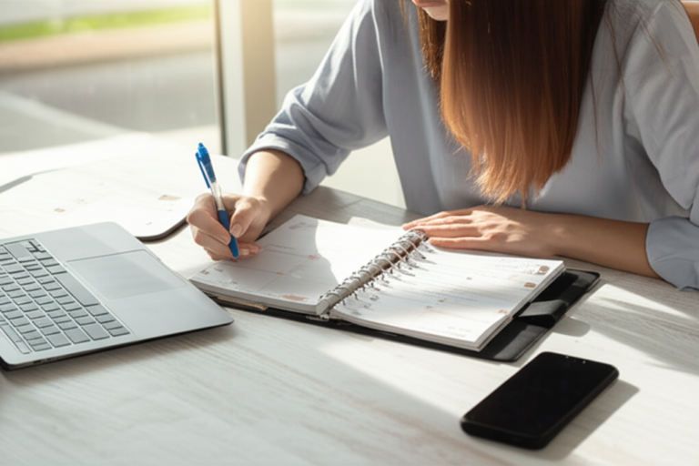 Planejamento Estratégico Feminista Mulher planejando sua semana em uma agenda