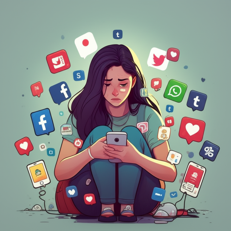 Sobrecarga Digital Feminina Mulher olhando para um celular com múltiplas notificações.