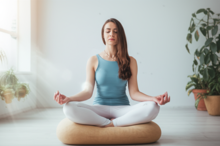 Atenção Plena e Foco Sustentável Mulher meditando em um ambiente tranquilo.