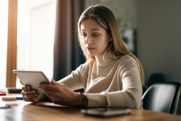 Mulher navegando em um tablet com expressão de frustração