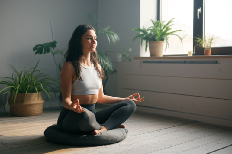 Mulher meditando em um ambiente tranquilo