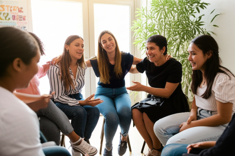 Grupo de mulheres conversando e sorrindo em um evento