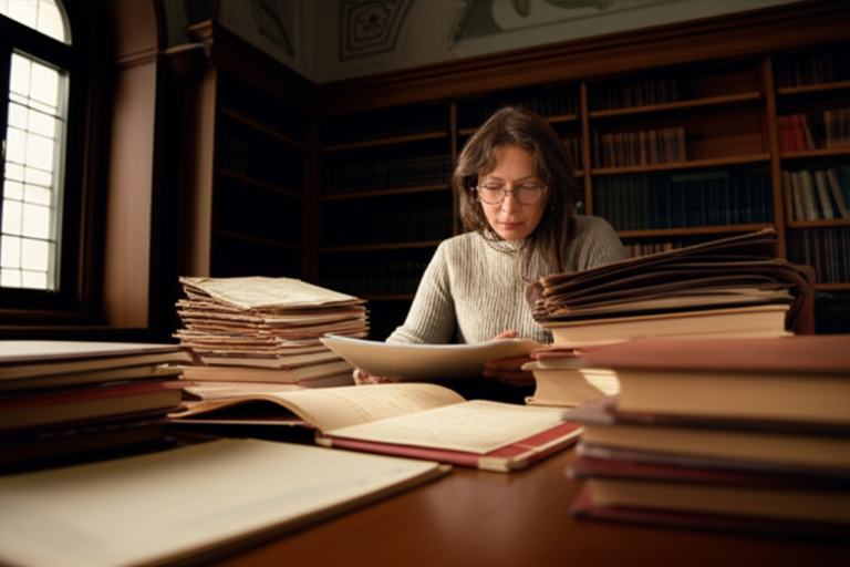 Redescoberta Histórica Feminina Mulher lendo um livro antigo em uma biblioteca