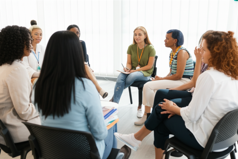Diálogo e Diversidade Histórica Grupo diverso de pessoas em uma roda de conversa