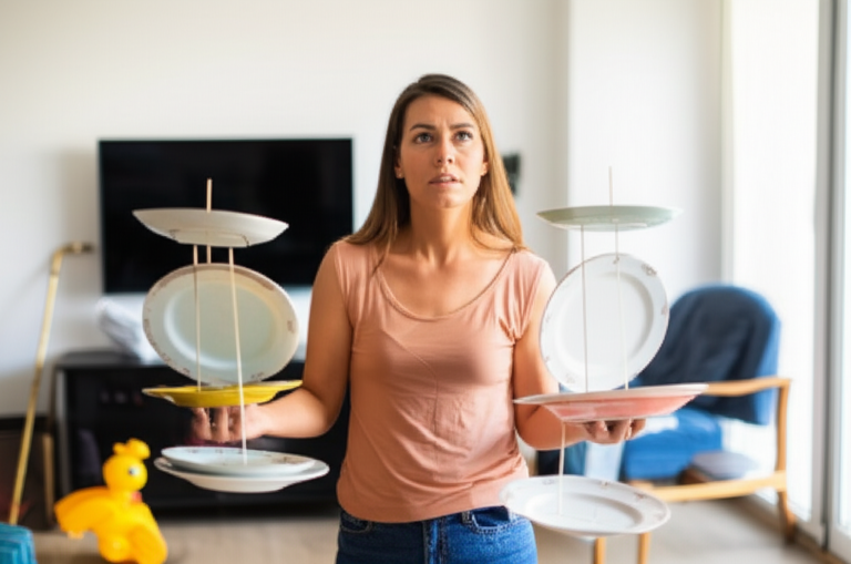 Sobrecarga da Geração Sanduíche Mulher sobrecarregada equilibrando pratos (cuidado com filhos e pais)