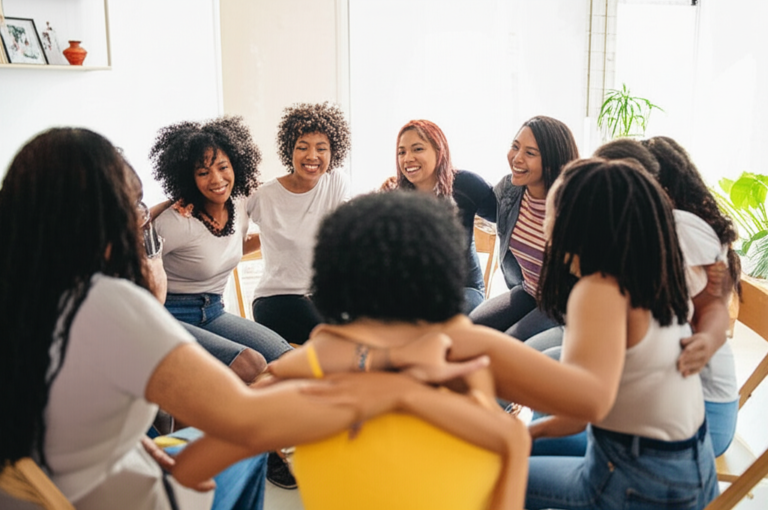 Empoderamento Feminino e Apoio Mútuo Mulheres reunidas em círculo, compartilhando experiências e se apoiando