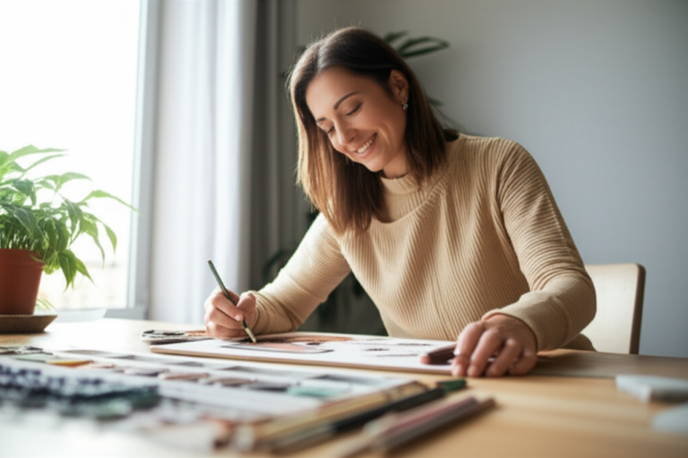 Construindo uma Vida Autêntica Mulher sorrindo enquanto trabalha em um projeto criativo.