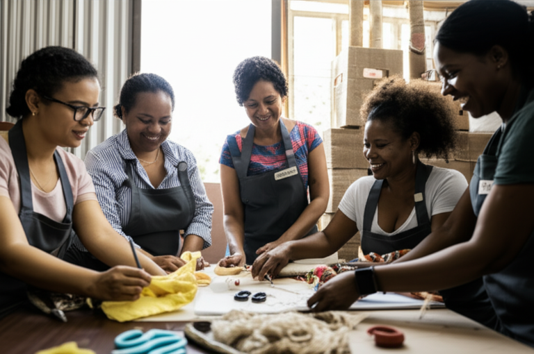 Empoderamento Feminino na Economia Mulheres colaborando em um projeto econômico sustentável