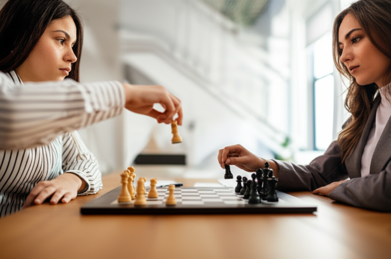 Estratégias Feministas Através da Teoria dos Jogos Mulheres jogando xadrez, simbolizando estratégia e tomada de decisão