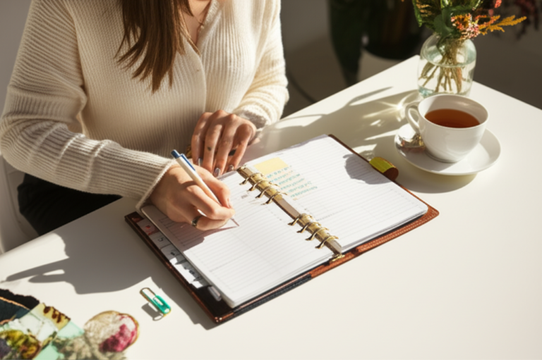 Organização e Intencionalidade Mulher planejando suas atividades em um planner com atenção.